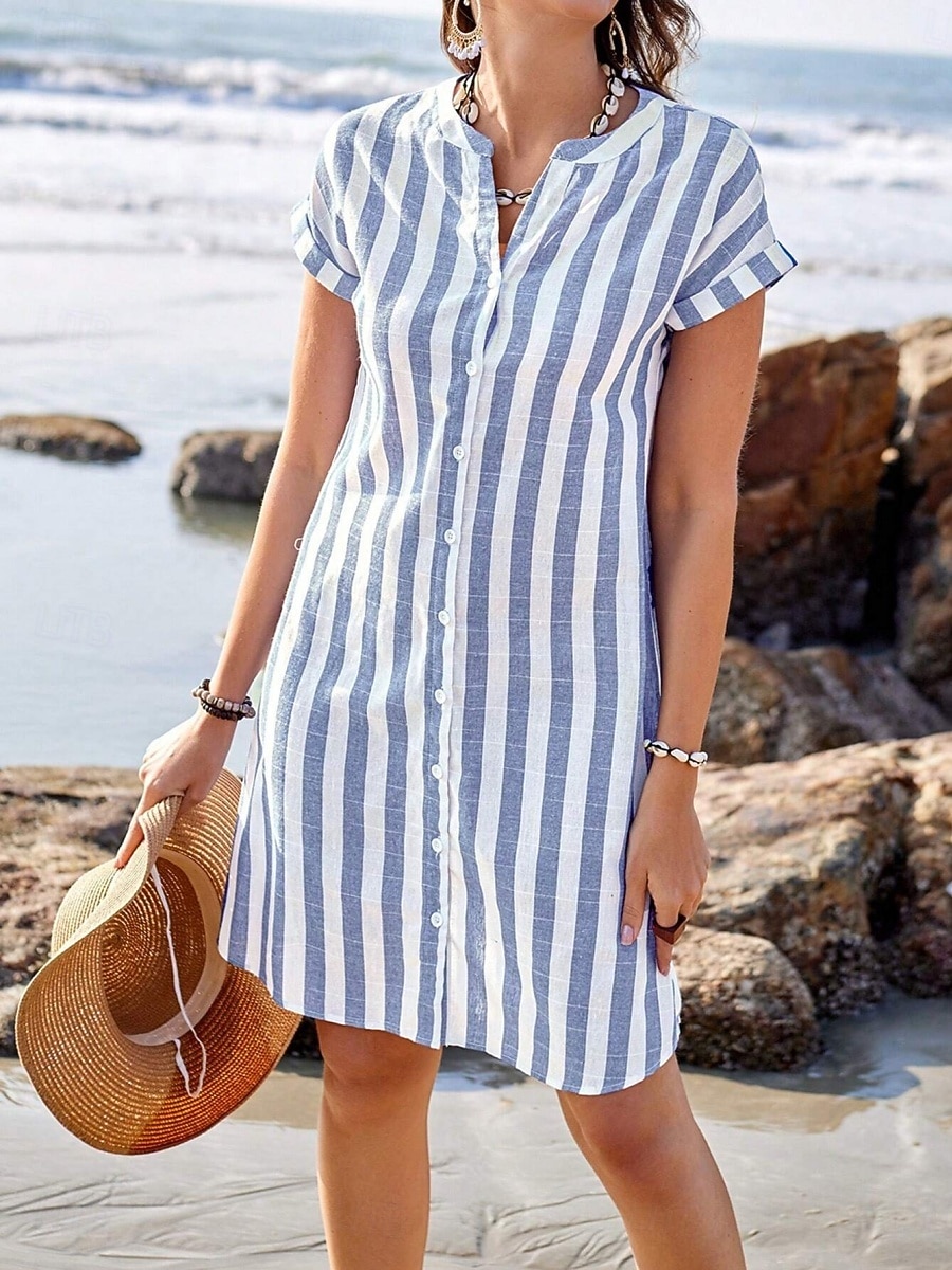 Per donna Mini Abito Abito a Tubino Vestito Estivo Abito Estivo Casual Quotidiano Vestibilità regolare A righe Manica Corta Scollo a V Blu Rosso Blu marino Grigio Estate del 2026 a $26.99 –P1