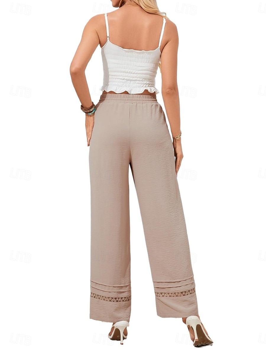 Women's Wide Leg Trousers Casual Pants Vacation Fashion Streetwear Full Length High Waist Plain Lace Elastic Waist Comfortable Breathable Inelastic Daily Vacation Street Black Almond Military Green 2026 - $29.99 –P20