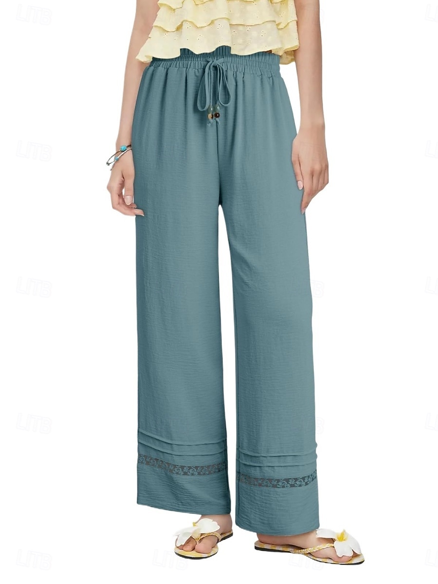 Women's Wide Leg Trousers Casual Pants Vacation Fashion Streetwear Full Length High Waist Plain Lace Elastic Waist Comfortable Breathable Inelastic Daily Vacation Street Black Almond Military Green 2026 - $29.99 –P13