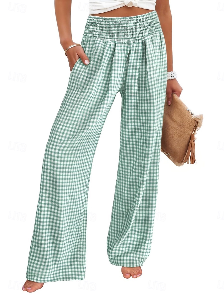 Women's Wide Leg Chinos Vacation Fashion Streetwear Full Length High Waist Plaid Pocket Elastic Waistband Printing Comfy Comfort Soft Stretchy Daily Outdoor Street Blue Black Yellow Pink Spring Fall 2026 - $27.99 –P16