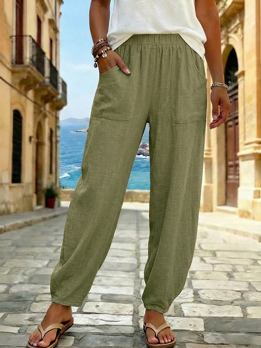 pantaloni estivi da donna 100% cotone pantaloni pantaloni da spiaggia vacanza boho lunghezza alla caviglia colore naturale tinta unita tasca vita elasticizzata spiaggia casual nero bianco verde militare blu scuro estate primavera autunno del 2026 a $21.99 –P7