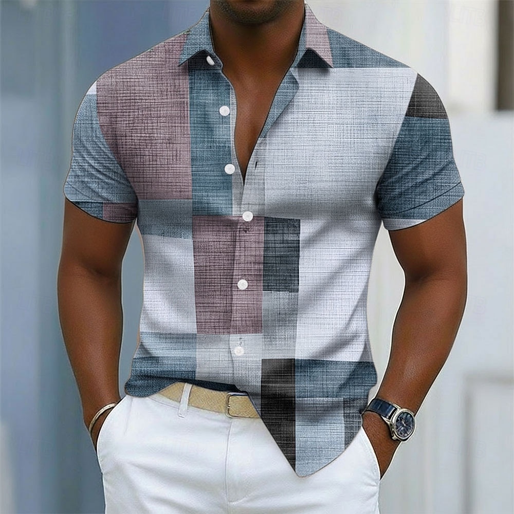 Per uomo Geometrico Blocco di colori Patchwork Camicia Camicia con Bottoni Manica Corta Moda Casual Quotidiano All'aperto Vacanza Estate Primavera Collo ripiegato Stampa 3D Camicia tipo lino Blu del 2026 a $25.99 –P2