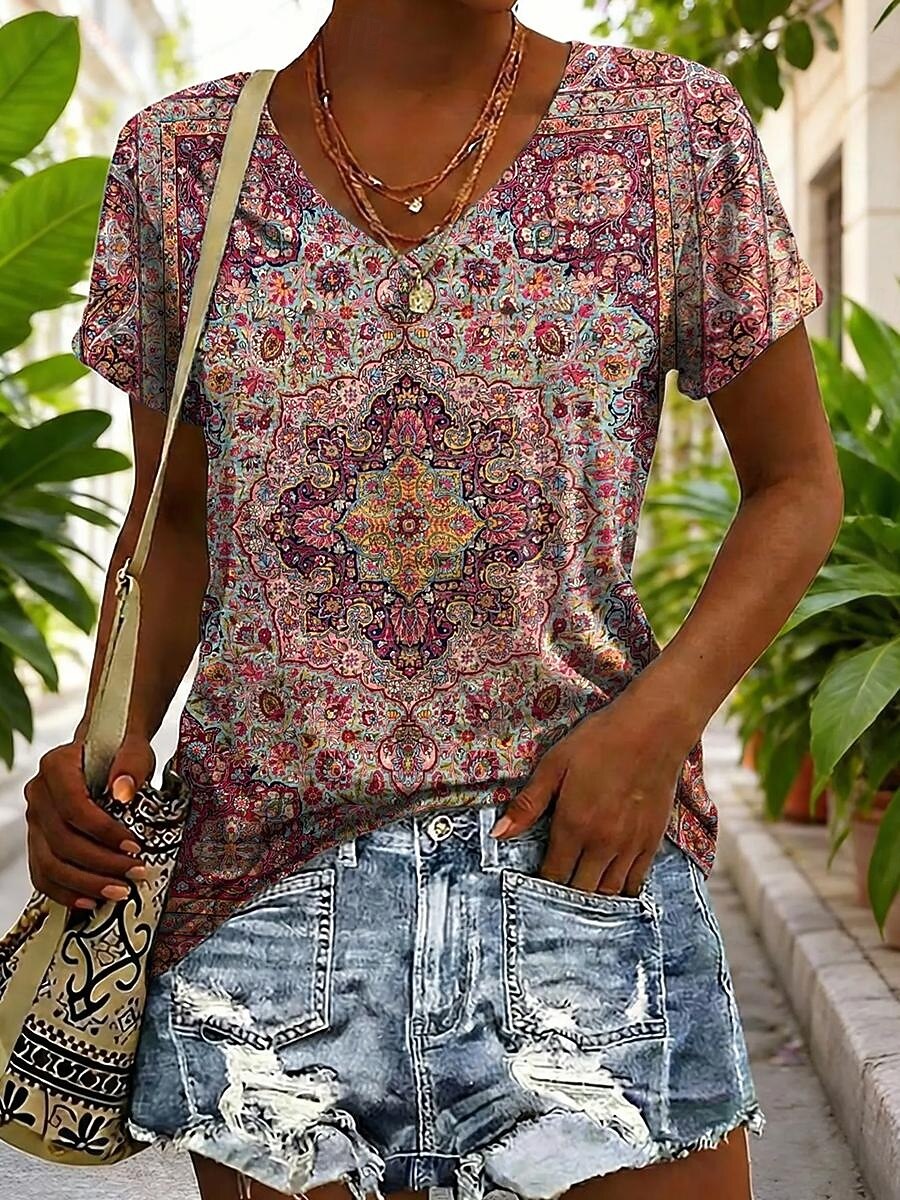 Women's T Shirt Print Graphic Geometric Vintage Stylish Classic Short Sleeve V Neck Long Tops Daily Red Purple Summer Spring 2026 - $21.99 –P2