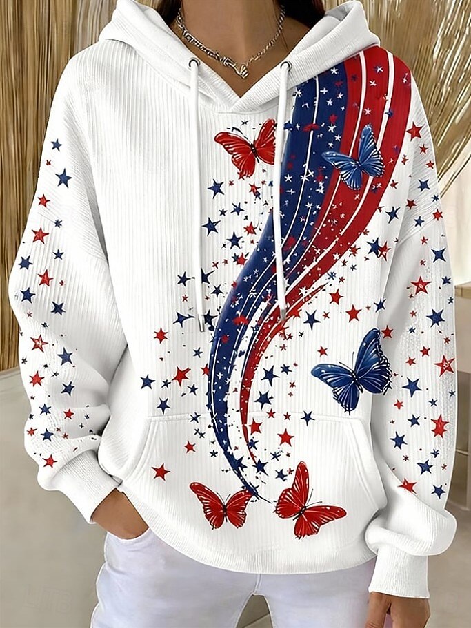 Uavhengighetsdagen Patriotiske Kvinne Pullover Hoodie Sweatshirt Grafisk Bokstav Uformell Lange Ermer Hette Vanlige Topper Uformell Daglig Slitasje Sport Hvit Vår Høst 2026 - $35.99 –P1