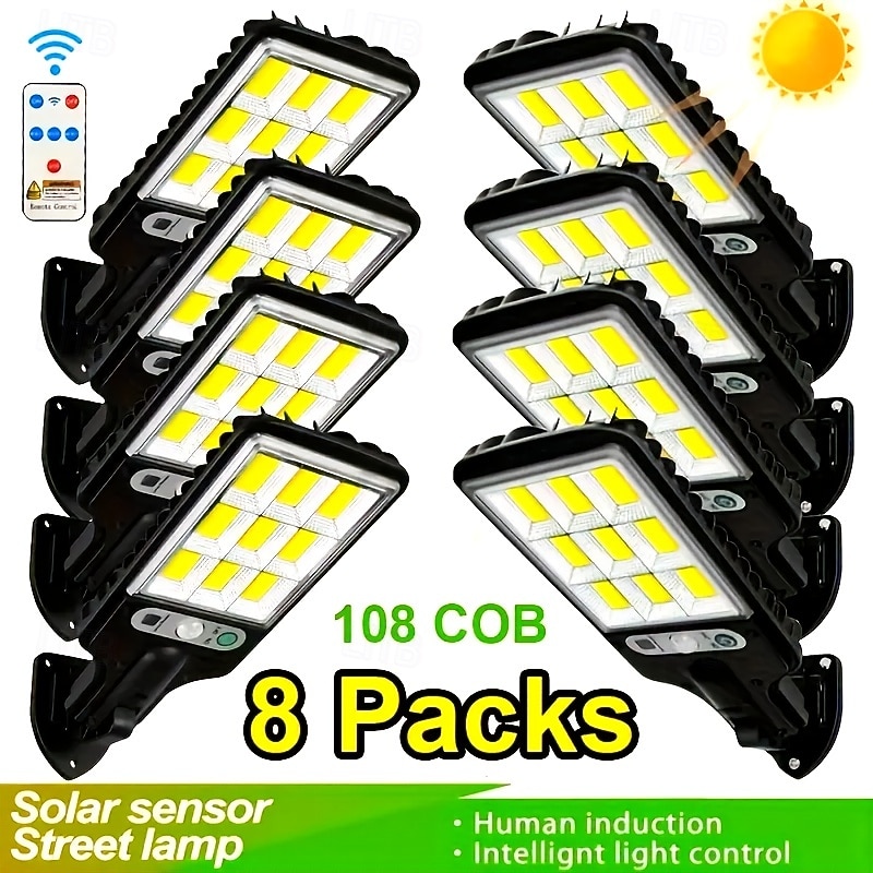 Verpakkingen van 4/8 stuks LED-wandlampen op zonne-energie met bewegingssensor, 108 COB-leds, inclusief afstandsbediening, voor tuin, erf, garage, pad, boerderij, straatverlichting, waterdichte 2026 - $46.99 –P1