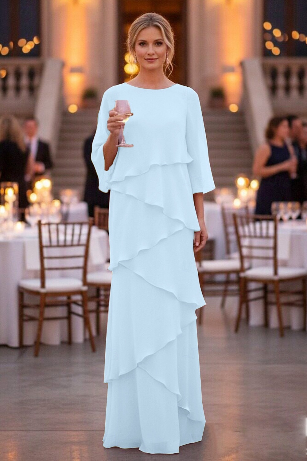 Schlauchkleid Bodenlang Kleid für Hochzeitsgäste Abendkleid Brautmutterkleid Dreiviertelarm Rundhalsausschnitt Elegant Formell Chiffon mit Rüschen 2026 - $89.99 –P1