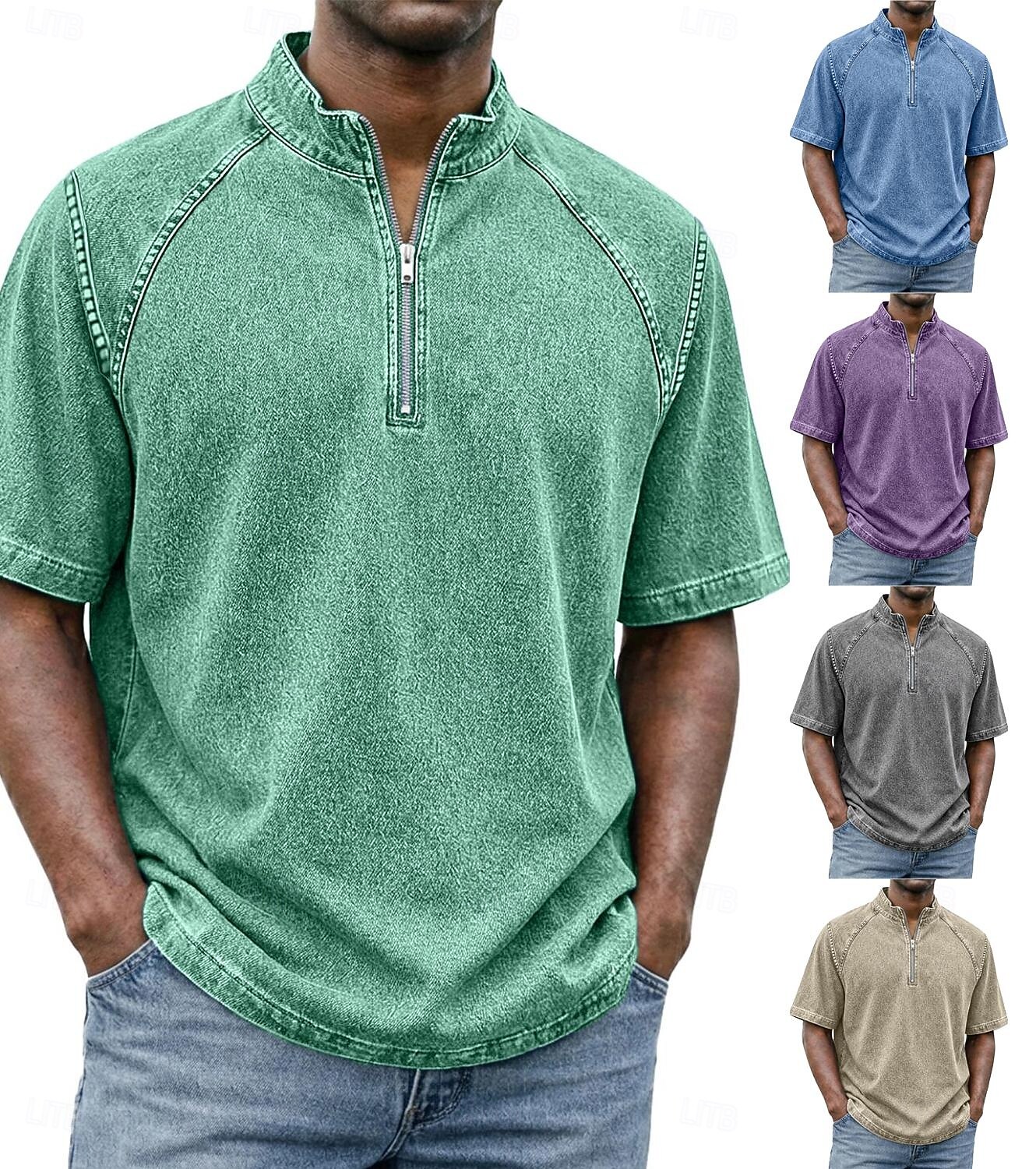 SoftFade™ Pánská košile 100% bavlna s kyselinovým praním tričko krátký rukáv stojáček léto jaro jednobarevný texturovaný vintage streetwear ležérní zipová vybledlá základní ležérní domácí ulice 2026 - $32.99 –P1