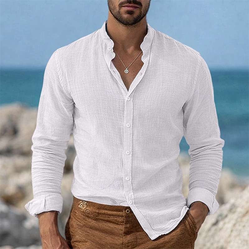 Homens Camisa Social Camisa de linho Camisa de colarinho chinês Camisa gola mandarim Camisa casual camisa de botão Tecido Streetwear Férias Azul Preto Branco Rosa Manga Longa colarinho do vovô de 2026 por $31.99 –P4