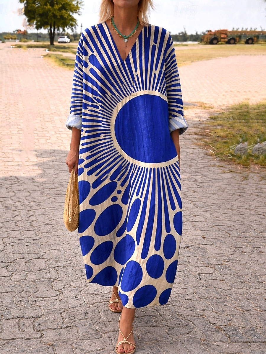 Abito Midi da Donna V Collo Maniche Lunghe Kaftan Leggero Comodo A Line Abito Casual Boho Uscita Grafica Geometrica Strisce Maniche Lunghe V Collo Arancione Rosso Nero Giallo Rosa del 2026 a $37.99 –P9