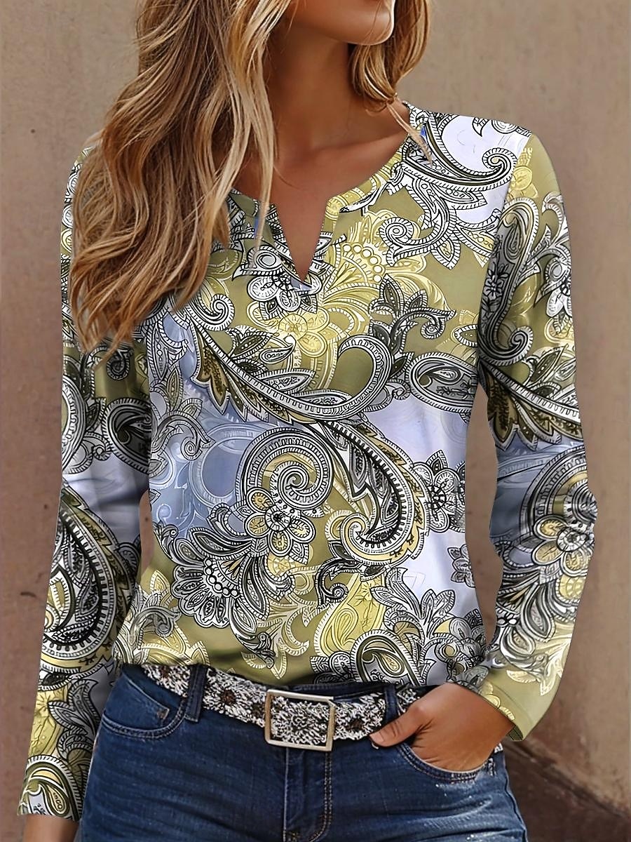 Dames T-shirt Afdrukken Grafisch Geometrie Vintage Modieus Modern Lange mouw Gekerfde nek Normale tops Dagelijks Weekend blauw Geel Paars Groen Zomer Lente 2026 - $24.99 –P5