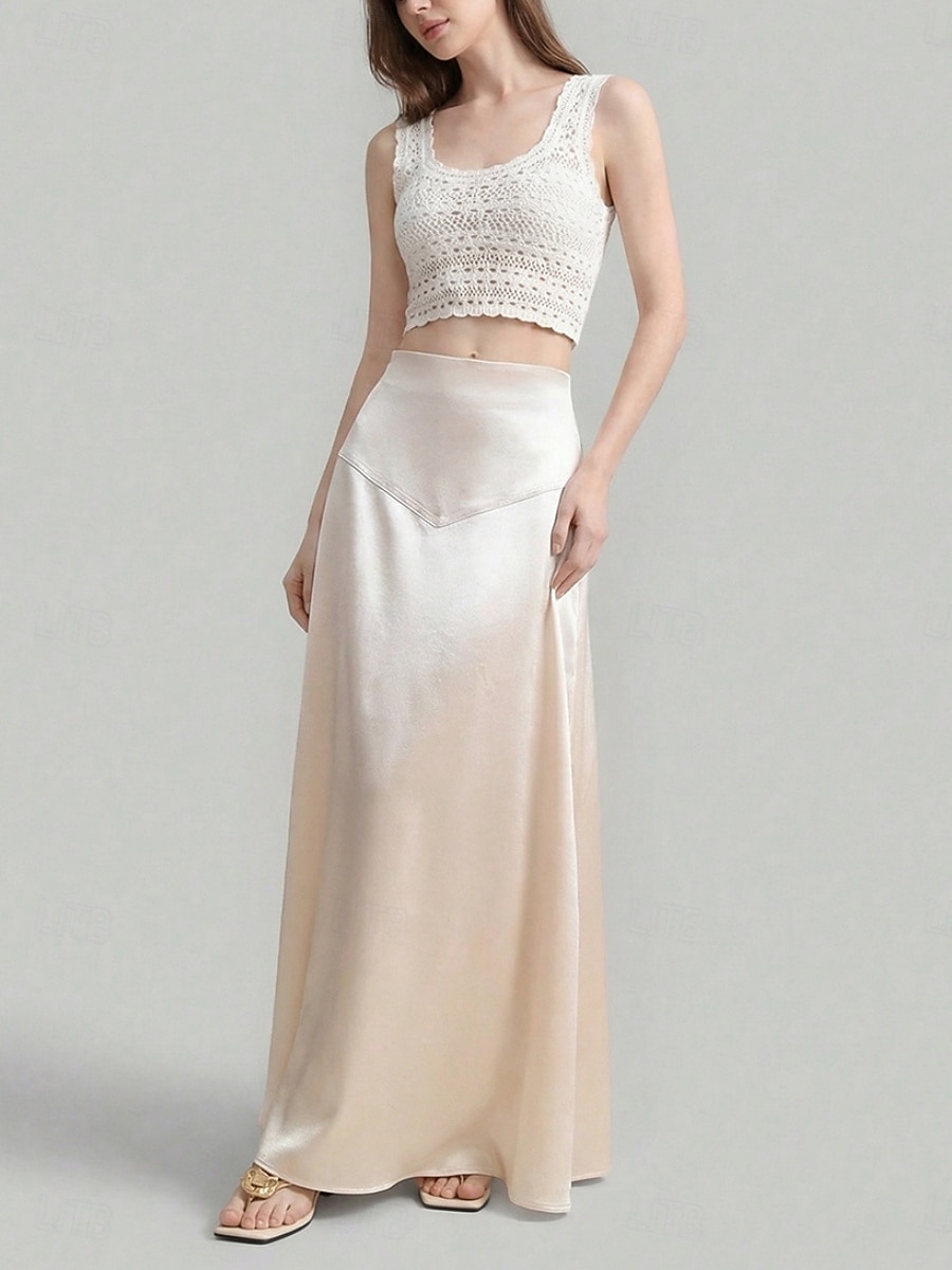 Dam Satinkjolar Mode Blank Maxi Hög midja Kjolar Slät Microelastisk Fest Cocktailfest Aprikos Vår Polyester 2026 - $31.99 –P5