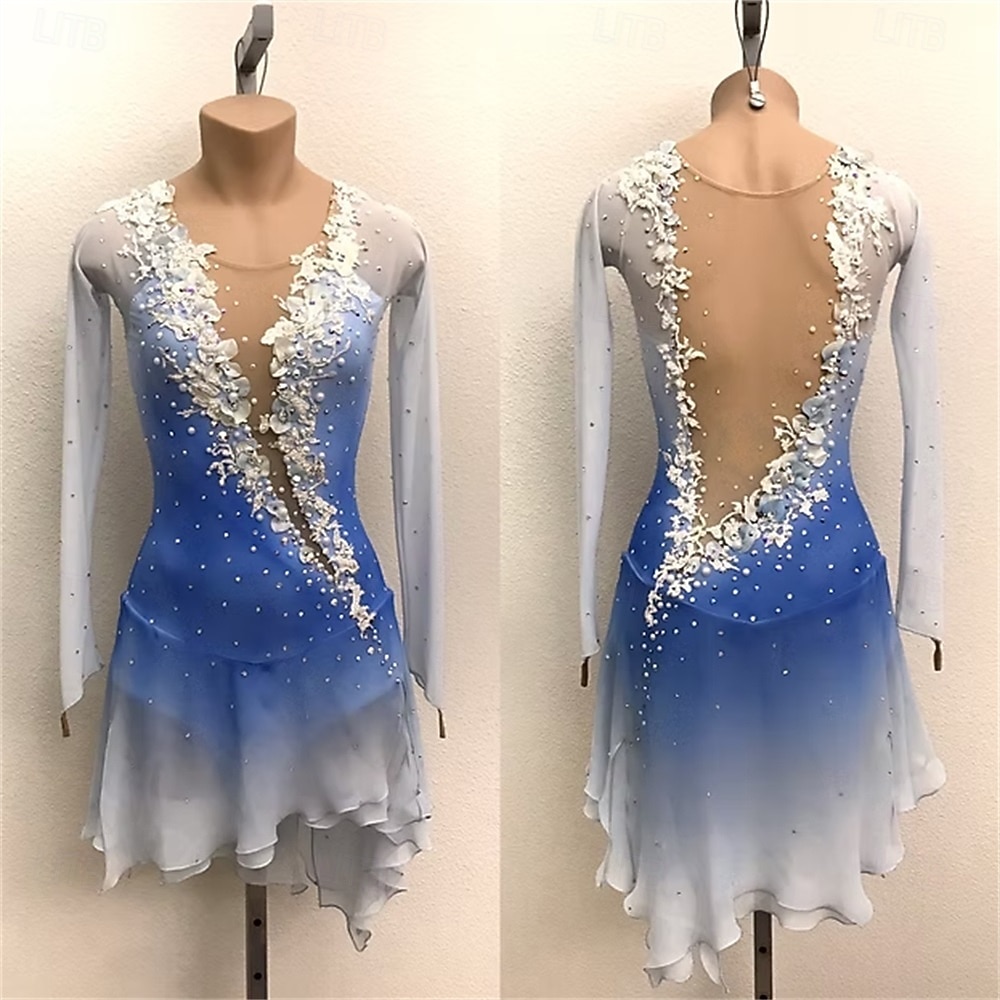 Robe de patinage artistique Femmes Patinage Robe Bleu + Blanc Patchwork Ourlet asymétrique Élastique Entraînement Compétition Tenue de Patinage Classique cristal pailleté manche longue Patinage sur de 2026 ? $306.69 –P1