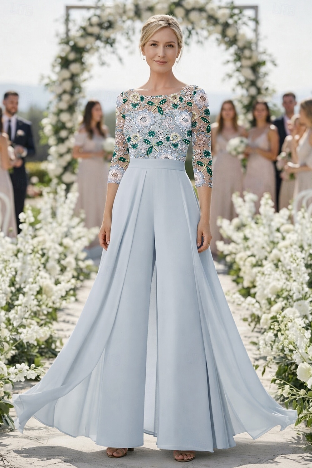 Tute Tuta Completo Pantalone Lunghezza al pavimento Abito Formale Abito da cerimonia per signora Manica 3/4 Scollo a Barca Scollo Tondo Elegante Vintage Formale Ospite di nozze Chiesa Chiffon Pizzo del 2026 a $159.99 –P1