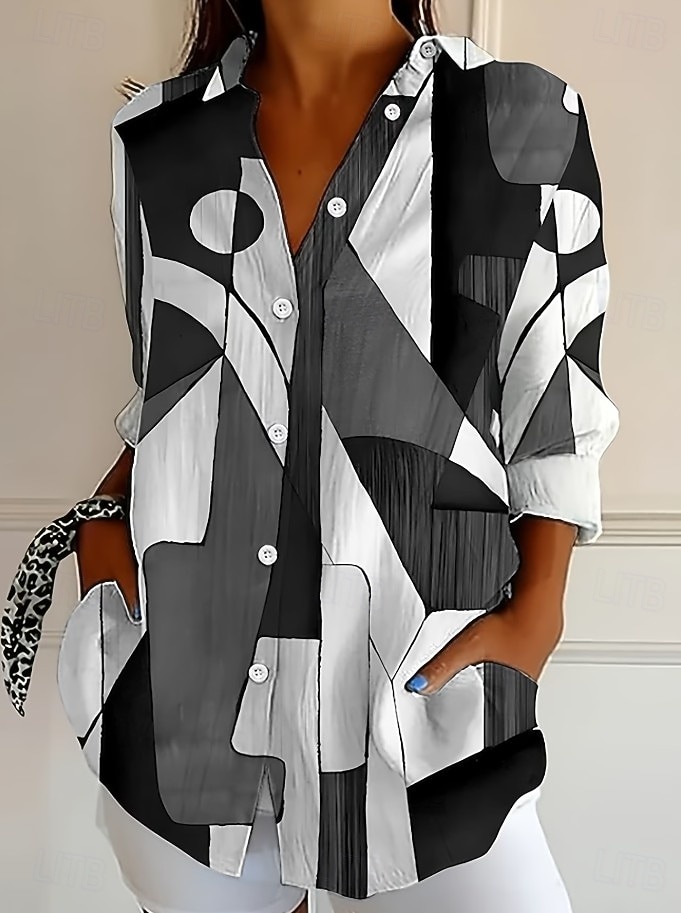 Damskie Koszula Bluzka Niejednolita całość Guziki Nadruk Graficzny Geometryczny Kratka Zabytkowe Tropikalny Codzienny Długi rękaw Kołnierzyk koszuli Zwykłe topy Codzienny Niebieski Czarny Biały Żółty 2026 - $32.99 –P8
