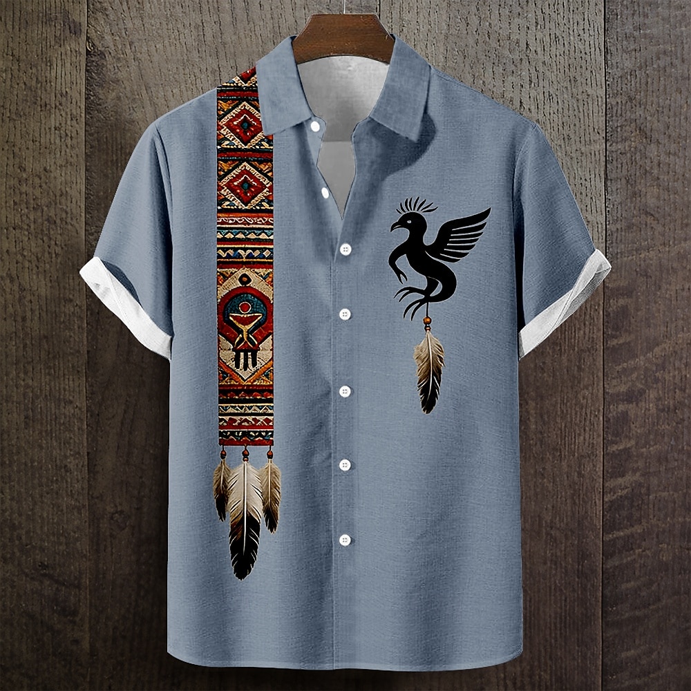 Men's Geometric Indian Culture Native American Feather Shirt Button Up Shirt Short Sleeve Vintage Retro Daily Outdoor Vacation Summer Spring Turndown 3D Print Linen Like Shirt Blue Green Khaki Gray 2026 - $25.99 –P3