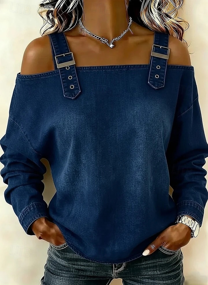Mujer Blusa Espalda al Aire Color sólido Elegante Vacaciones Vintage Manga Larga Hombros Caídos Tops regulares Diario Exterior Ropa de calle Azul Piscina Bleu Ciel Tela caqui oscura Negro Azul Oscuro 2026 - $28.99 –P1