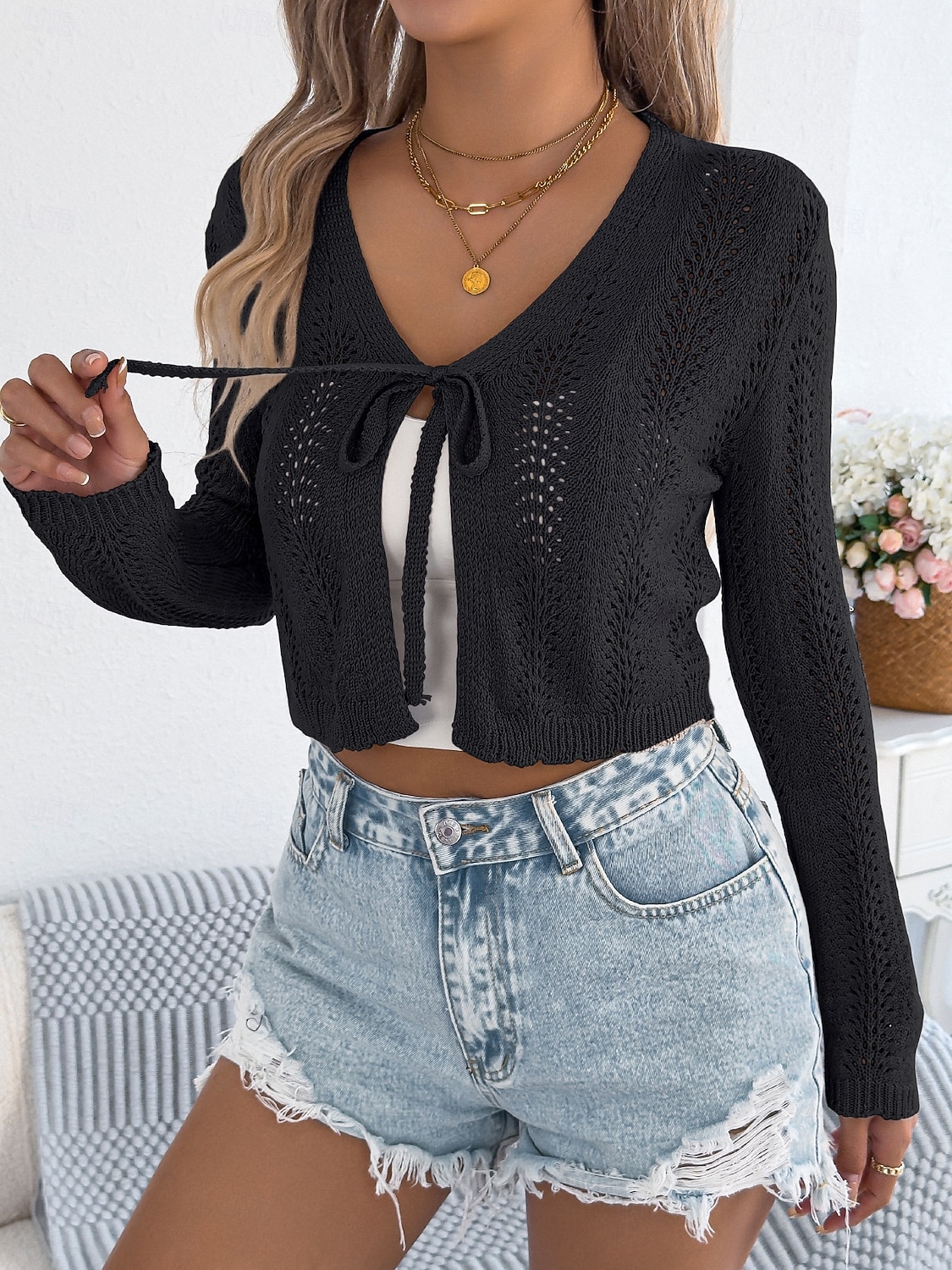 Damen Pullover Strickjacke Urlaub Mode Lässig Einfarbig Gehäkelt V Ausschnitt Schnürung Gestrickt Langarm Crop Tops Stricken Täglich Outdoor Wochenende Schwarz Weiß Sommer Frühling 2026 - $32.99 –P15