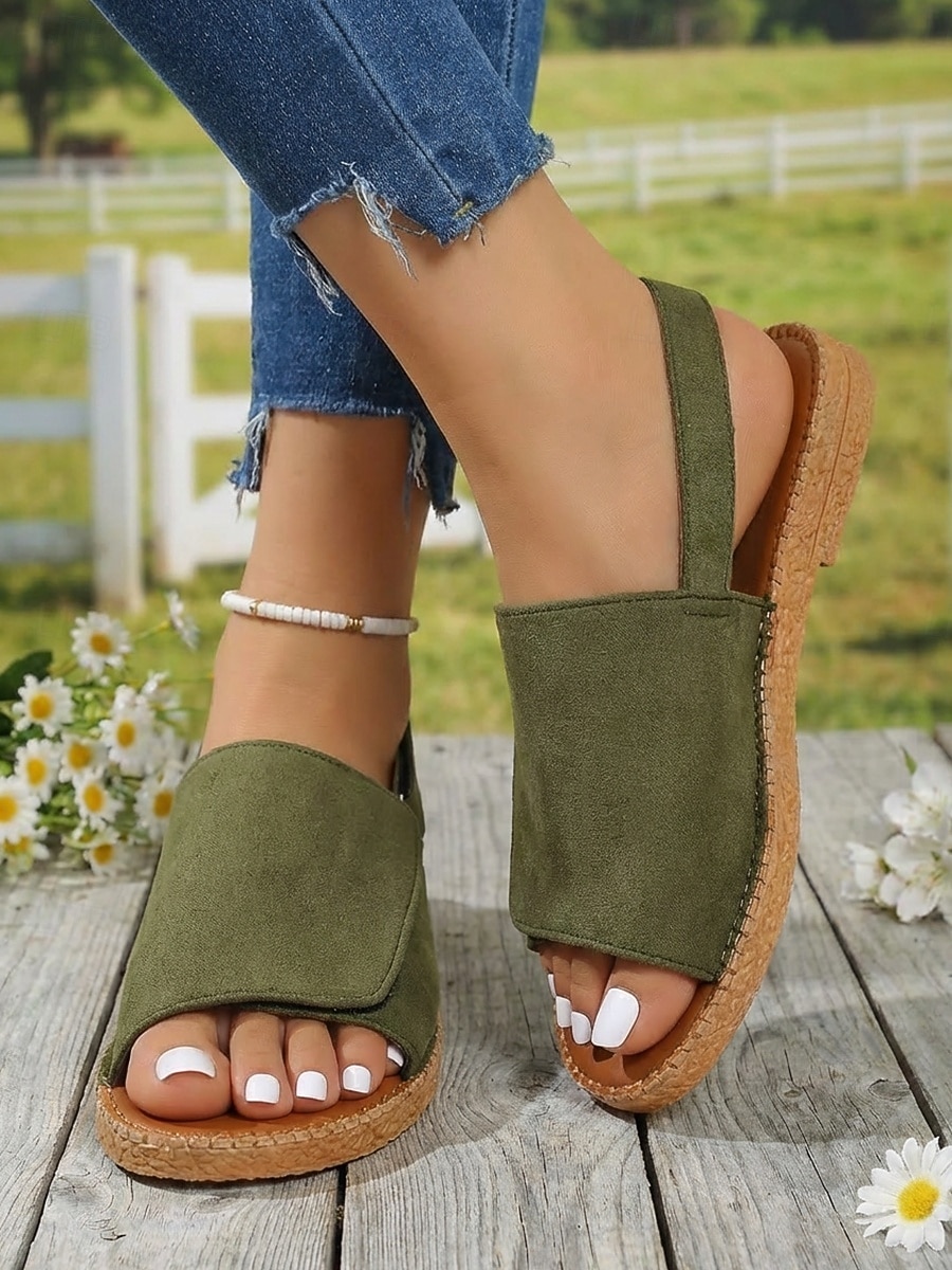 Sandalias planas informales de color verde militar para mujer: cómodas sandalias planas con punta abierta y tira trasera para playa y viajes en verano. &uso diario 2026 - $19.99 –P3
