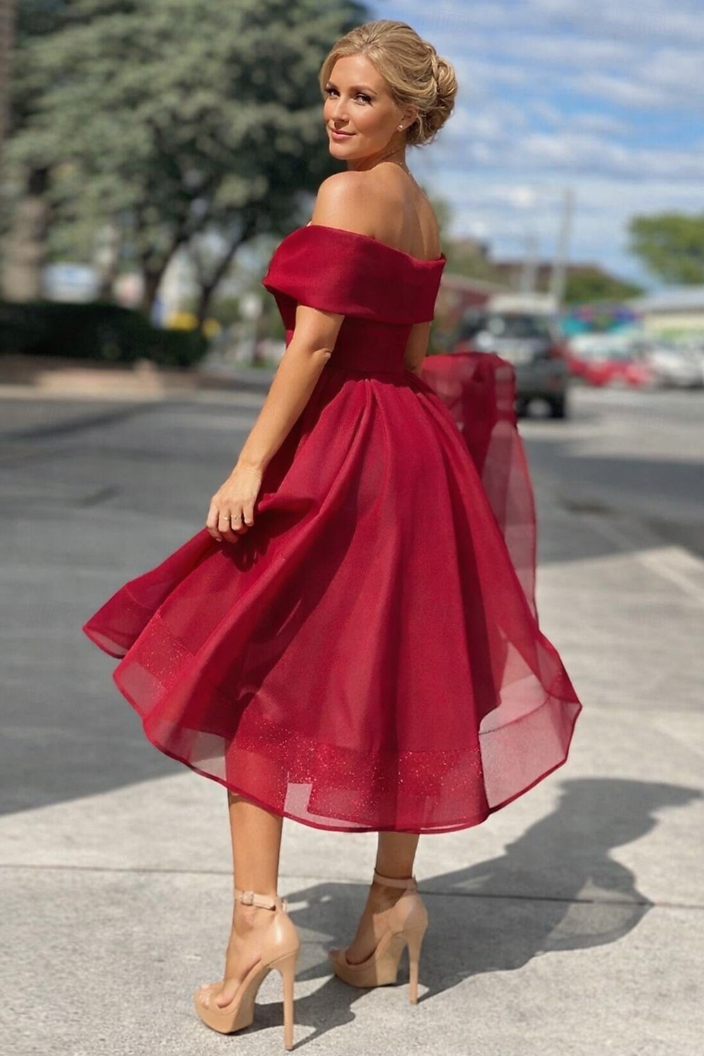 Linea ad A Lunghezza Tè Abiti da Cocktail Abiti da festa Vintage Anni 1950 Senza Maniche Senza Spalle Ospite di nozze Tulle con Pieghe del 2026 a $142.99 –P5