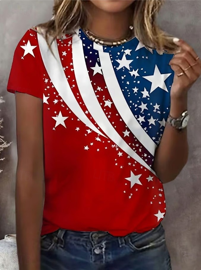 تي شيرت نسائي وطني لعيد الاستقلال برسمة علم عتيقة أنيقة كلاسيكية بأكمام قصيرة بحافة عادية يومية عطلة مطبوعة زرقاء ربيع صيف 2026 - $22.99 –P4
