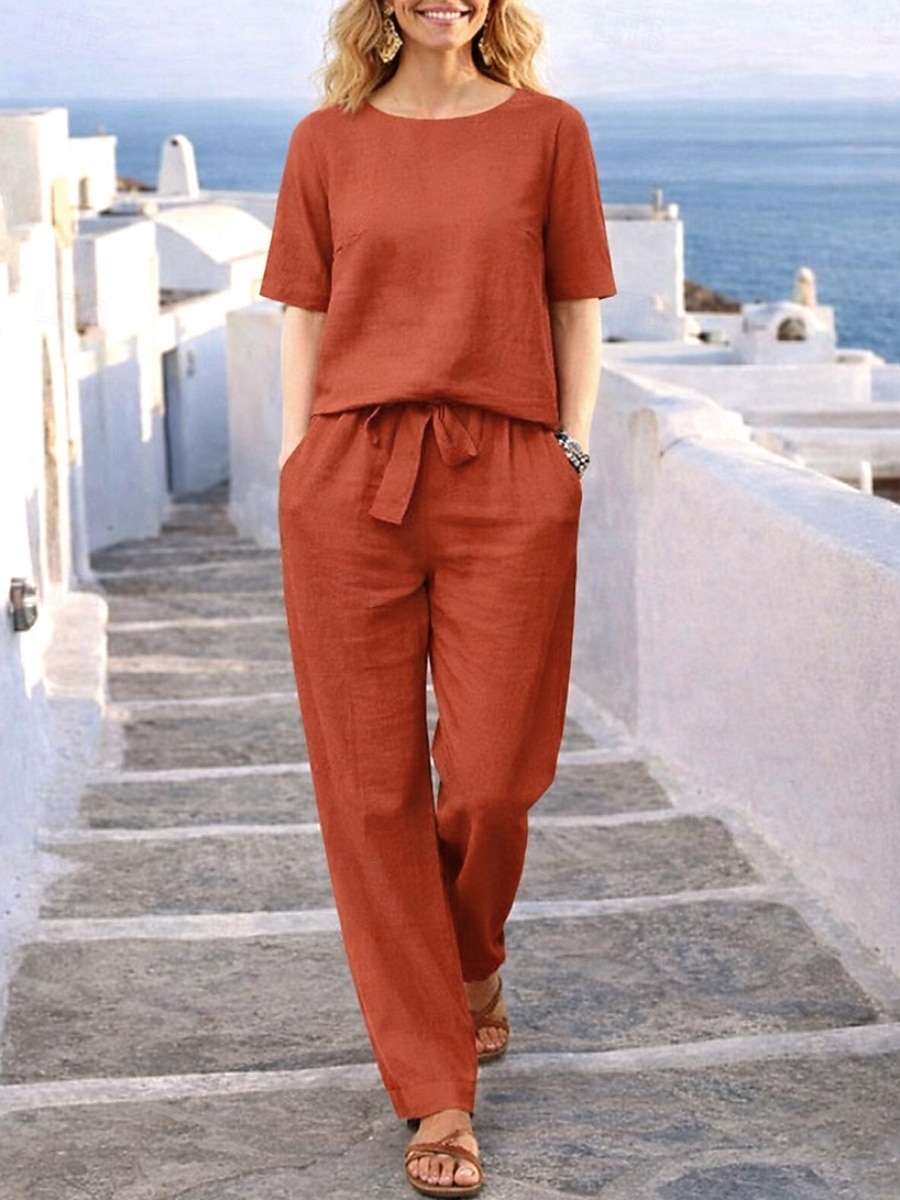 Damen Hosen-Sets Bolero Kunstbaumwollleinen Kurzarm Rundhals Einfarbig Mode Streetwear Lässig Täglich Outdoor Blau Orange Grün Sommer Lässiger Schnitt 2026 - $13.99 –P5