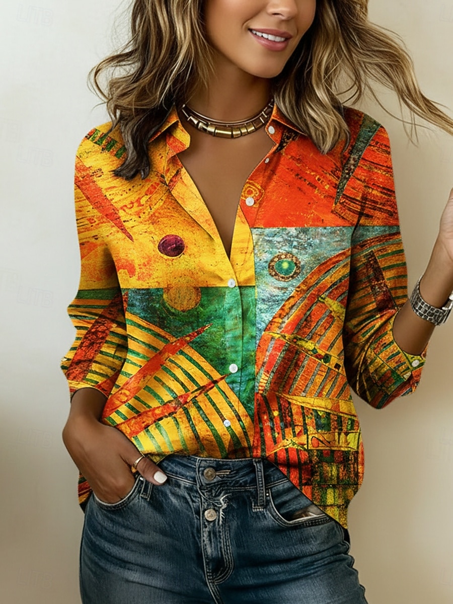 Mujer Camisa Camisa de raso Estampado Graphic Geométrico Bloque de color Bohemia Vintage Elegante Manga Larga Cuello Camisero Tops regulares Diario Festivos Noche Naranja Verano Primavera Otoño 2026 - $31.99 –P2
