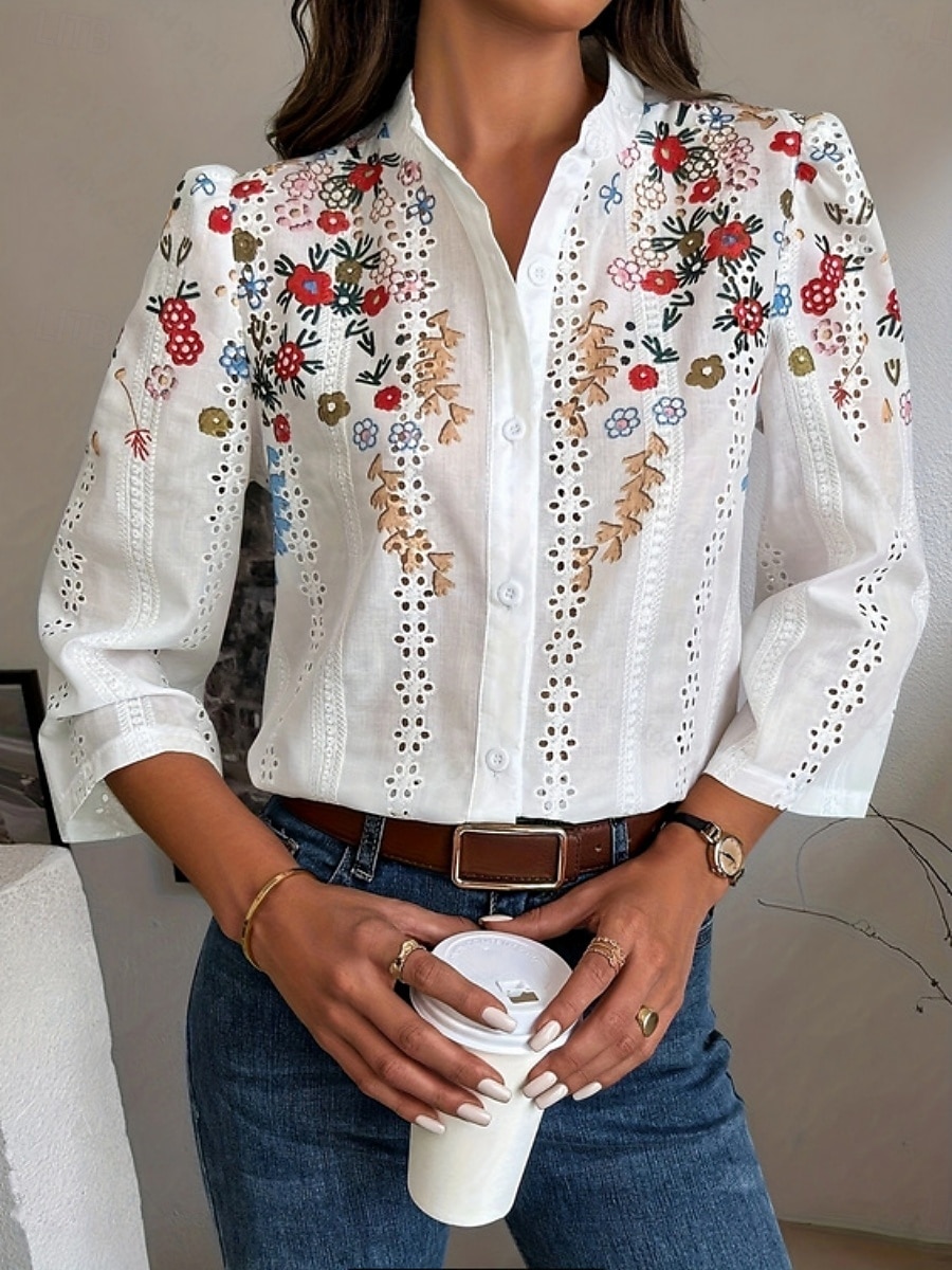 Women's Blouse Embroidered Print Floral Stylish Casual Long Sleeve V Neck Mandarin Collar Regular Tops Daily Blue Red Green Summer Spring Fall 2026 - $35.99 –P2
