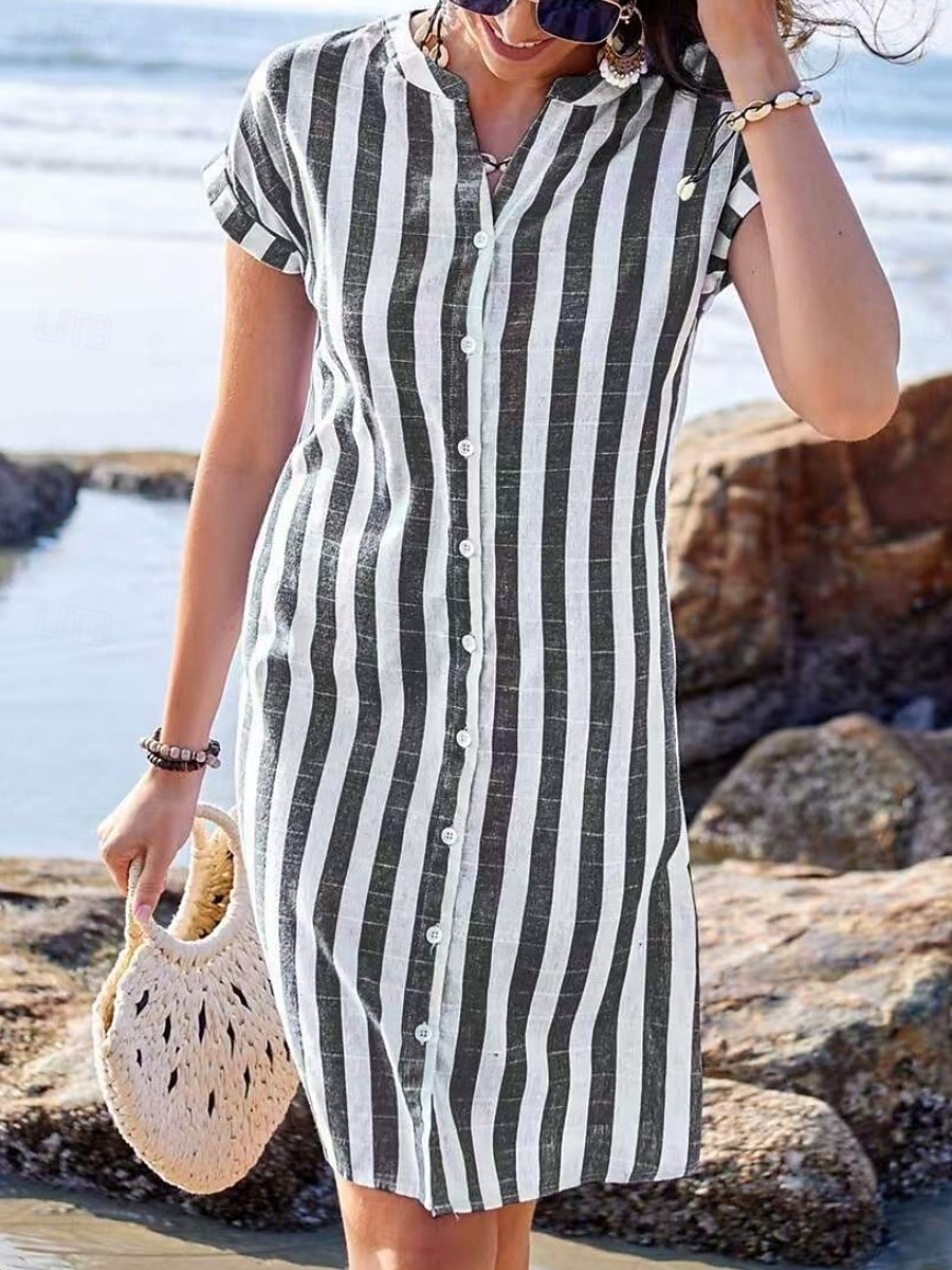 Damskie Sukienka do kolan Sukienki z lnianego materiału Sukienka koszulowa Codzienne sukienki Elegancja Moda Nowoczesny Na zewnątrz Urlop Wyjściowe Regularny Równina Krótki rękaw W serek Niebieski 2026 - $22.99 –P3