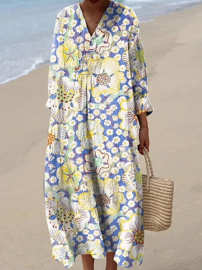 Women's Maxi Dress Shift Dress Vacation Casual Going out Loose Fit Floral Graphic Long Sleeve V Neck Blue Yellow Orange Light Blue-White Summer Spring 2026 - $41.99 –P4