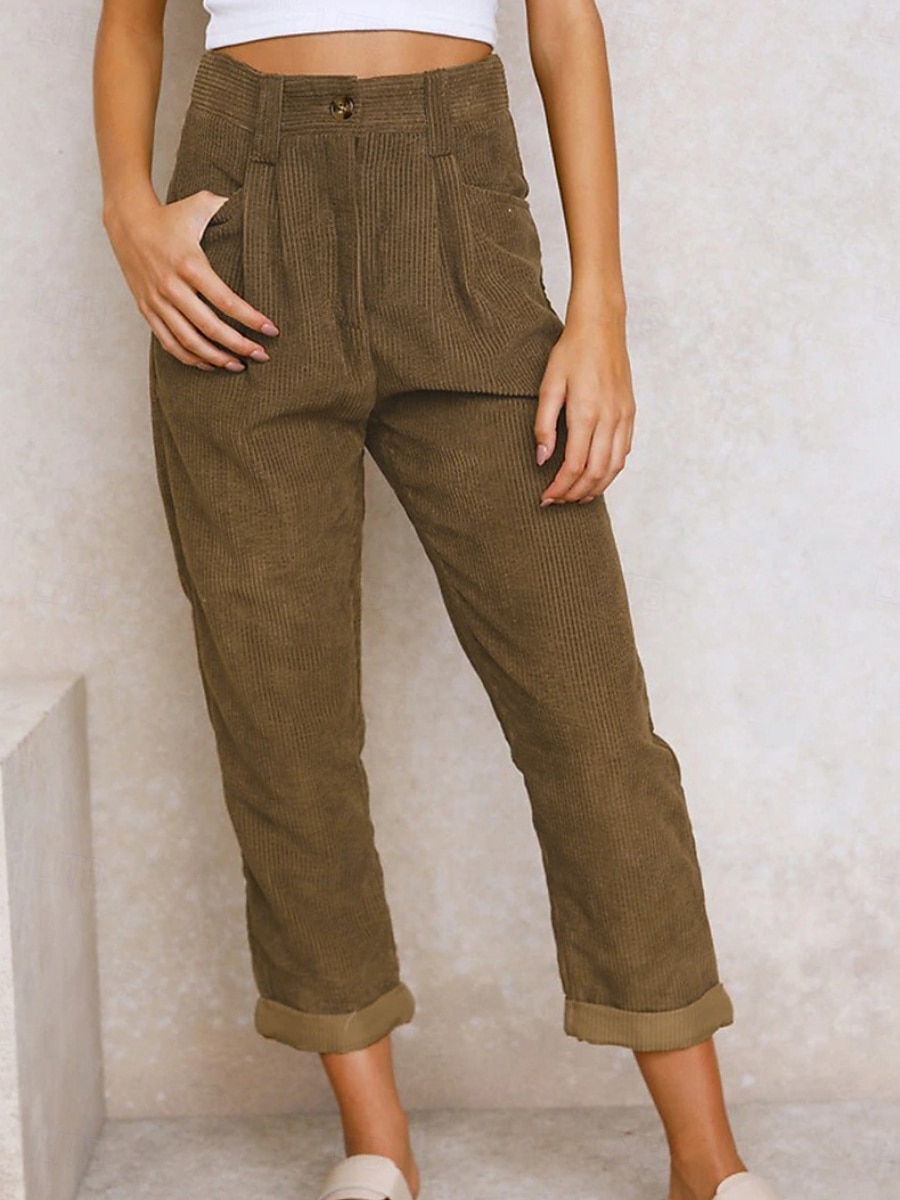 Dames Broek Corduroybroek Vrijetijdsbroek Recht Modieus Streetwear Basic Volledige lengte Hoge taille Effen Zak Comfortabel Inelastisch Dagelijks Vakantie Straat Zwart Wit Marineblauw Oranje Lente 2026 - $22.99 –P9