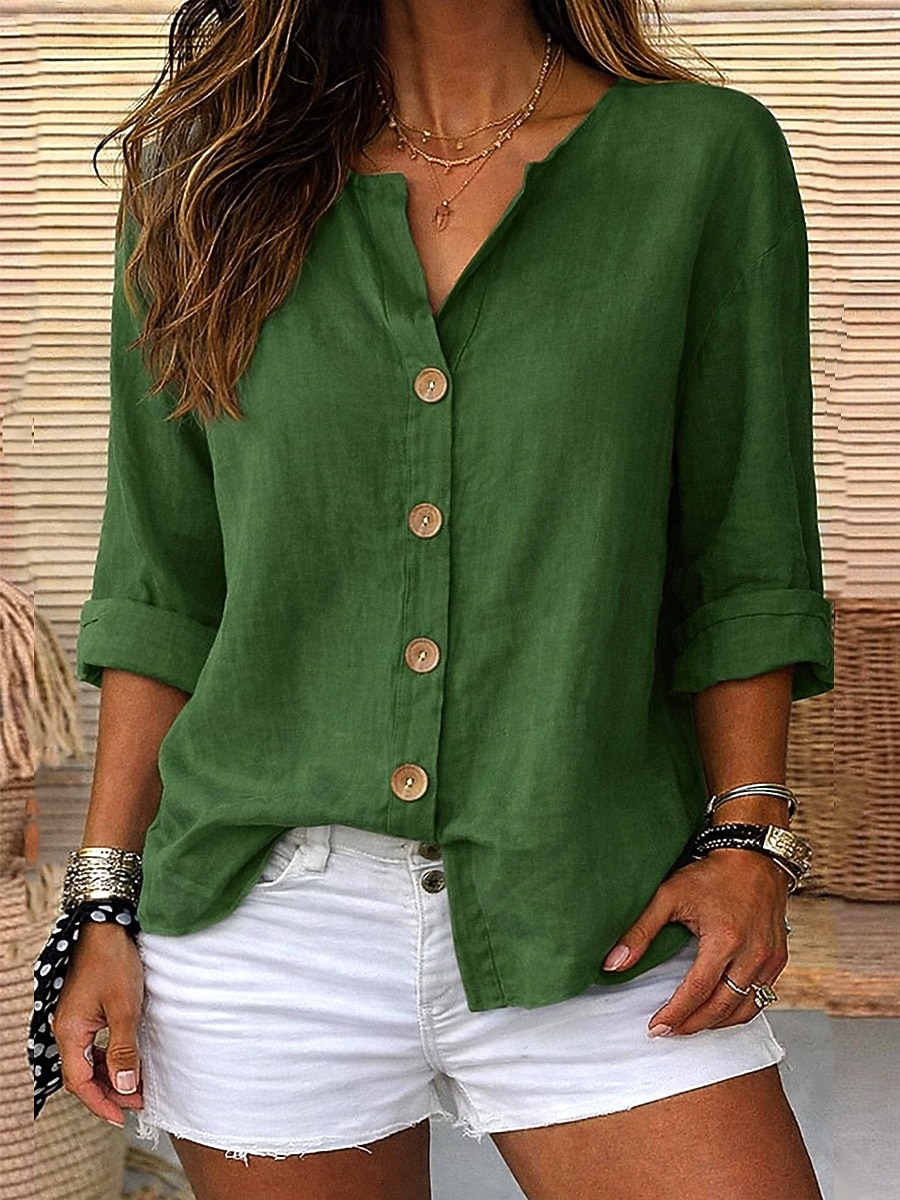 Blusa de mujer 100% algodón con botones, color liso, para uso diario informal, manga 3/4, cuello en V, tops regulares, para uso diario, negro, blanco, rojo, naranja, verde, verano, primavera, otoño 2026 - $27.99 –P6