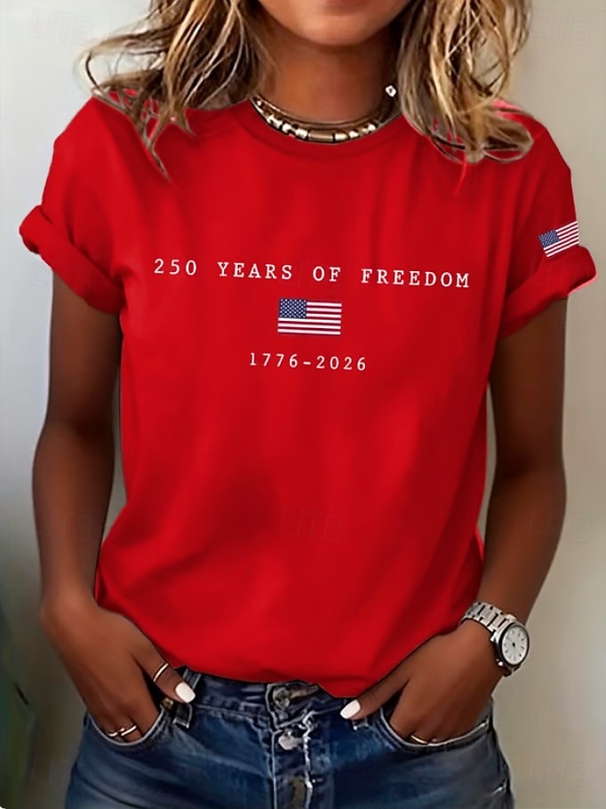 Amerikanska självständighetsdagen Dam T-shirt Mönster Grafisk Självständighetsdagen Vintage Stylish Klassisk Kortärmad Rund hals V-hals Vanliga toppar Dagligen Blå Svart Vit Rubinrött Grå Sommar Vår 2026 - $22.99 –P8
