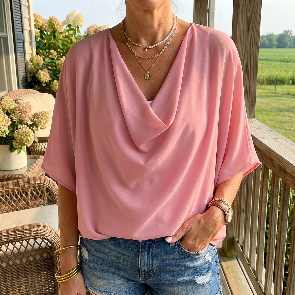 blusa feminina elegante elegante cor sólida franzido manga morcego comprimento 3/4 manga regular tops gola alta trabalho diário preto branco amarelo rosa céu azul verão primavera outono de 2026 por $21.99 –P6