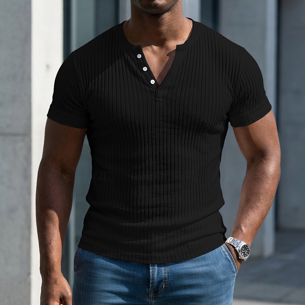 Bărbați Tricou Cămașă musculară Tricou din tricot cu nervuri Tee Top Manșon scurt Mânecă scurtă În V Henley Vară Primăvară Toate Sezoanele Simplu Pit Strip Modă Designer De Bază Nasturi Casual 2026 - $20.99 –P14