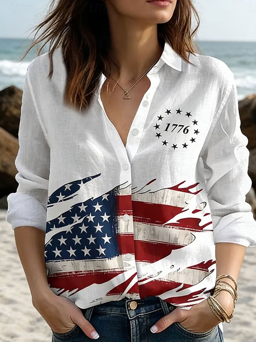 Jour de l'Indépendance Américaine Femmes Chemise Boutons Imprimé Graphique Drapeau Américain Élégant ancien Tropical manche longue Col de chemise Hauts Réguliers Quotidien Travail Bleu Noir Blanche de 2026 ? $36.99 –P1