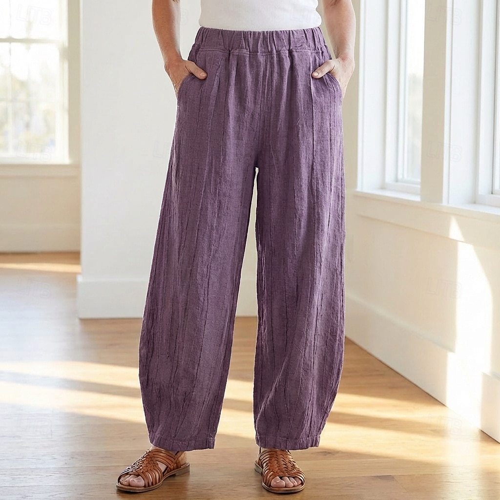 70% Linen Women's Linen Pants Chinos Summer Pants Bloomers Vacation Streetwear Basic Full Length Medium Waist Plain Pocket Elastic Waistband Comfy Inelastic Daily Outdoor Street Violet Teal Dark 2026 - $49.99 –P5