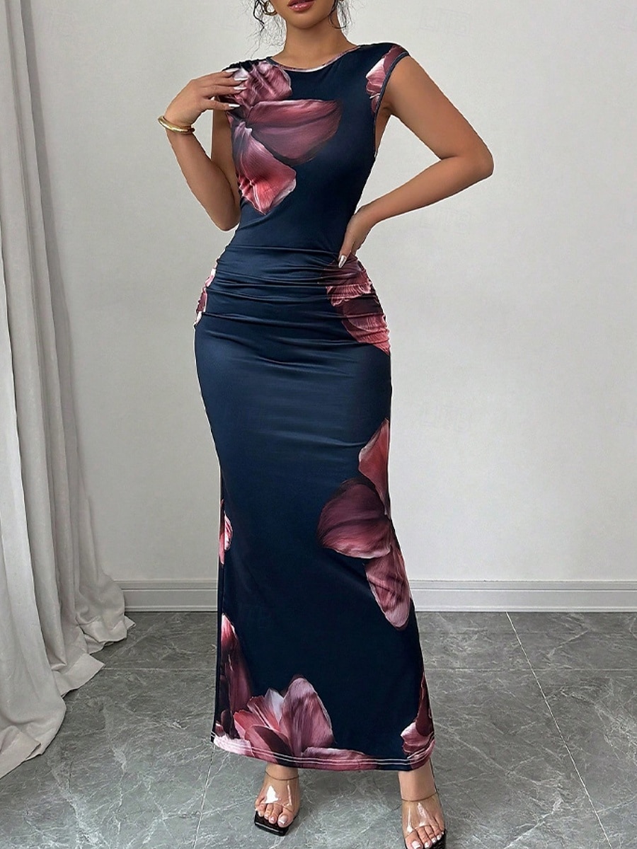 Dames Maxi-jurk Satijnen Jurk Bodycon Bloemetjesjurk Jurk met print Elegant Modieus Modern Buiten Vakantie Feest Normale pasvorm Bloemig Mouwloos Strakke ronde hals Marineblauw Zomer Lente 2026 - $19.99 –P5