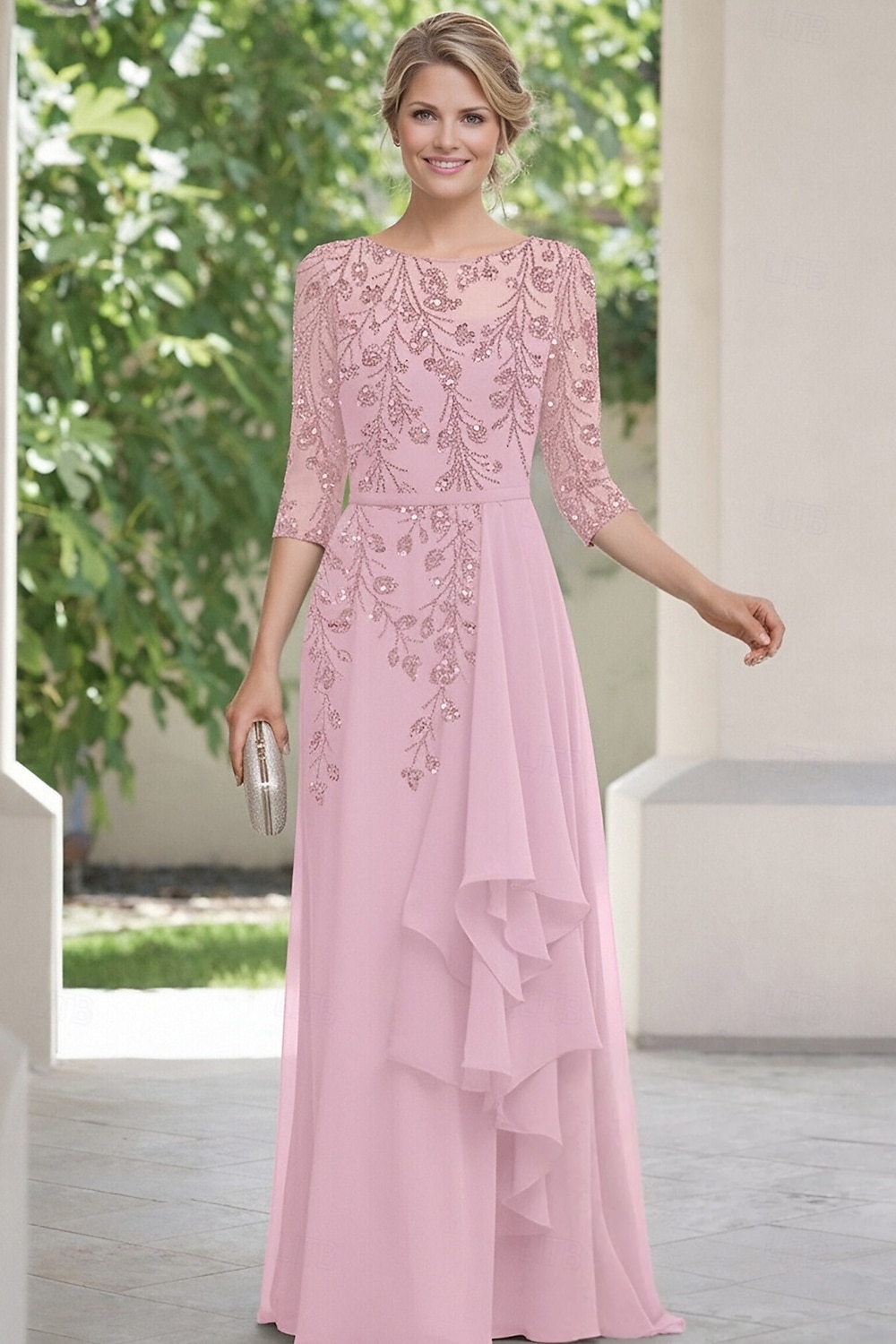 A-Line Floor Length Mother of the Bride Dress 3/4 Length Sleeve Boat Neck Elegant Vintage Embellished Formal Chiffon Lace with Beading Cascading Ruffles 2026 - $183.99 –P1