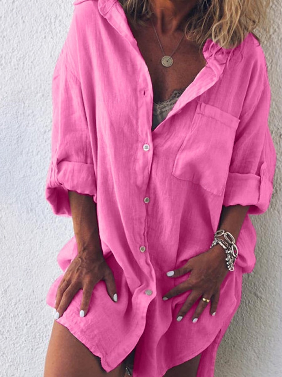Dames Overhemd Katoenen linnen overhemden Blouse Imitatie katoenlinnen Zak Knop Effen Stijlvol Klassiek Modern Lange mouw Overhemdkraag Normale tops Dagelijks Feestdagen Uitgaan blauw Lichtgroen 2026 - $21.99 –P1