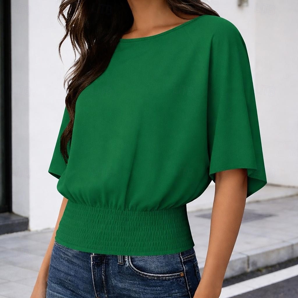 Women's T Shirt Tee Smocked Waist Solid Color Stylish Casual Short Sleeve Batwing Sleeve Crew Neck Round Neck Regular Tops Daily Going out Black White Green Coffee Gray Summer Spring 2026 - $21.99 –P4