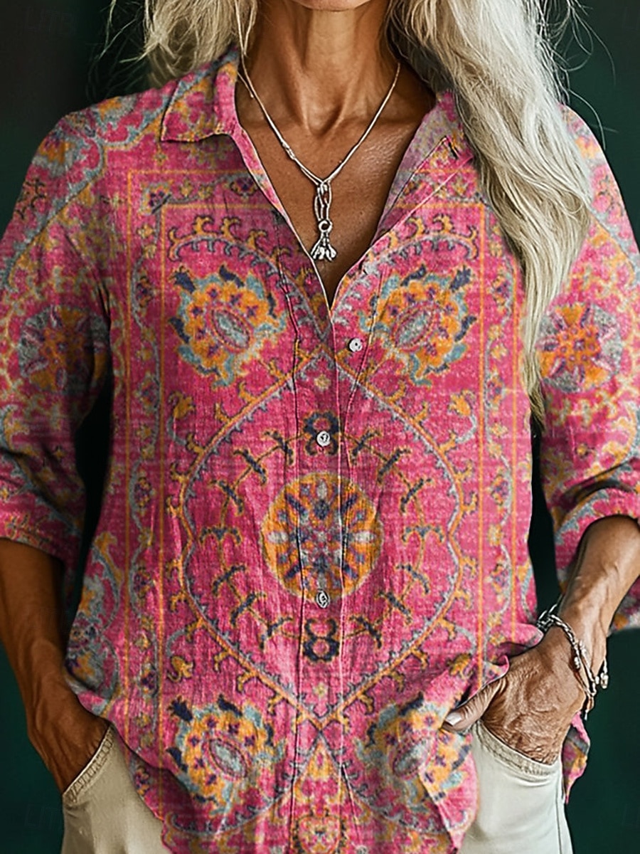 Per donna Camicia Finto cotone e lino Bottoni Stampato Floreale Bohemien Attivo Casual Manica Lunga Colletto a Camicia Top Regolari Quotidiano Ferie Blu Rosa Viola Estate Primavera Autunno del 2026 a $35.99 –P1