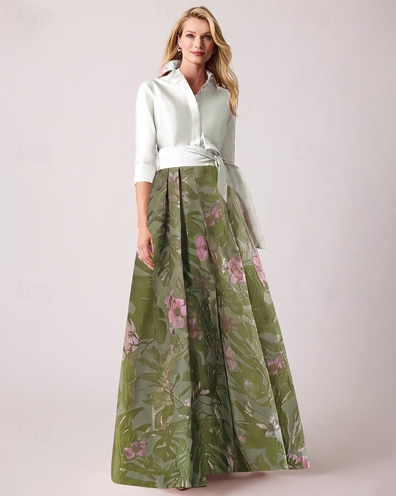 A-Line Floor Length Shirt Dress Wedding Guest Dress Formal Dresses Mother of the Bride Dress Long Sleeve Shirt Collar Elegant Vintage Wedding Formal Nylon with Floral Print Bow(s) Slit 2026 - $186.99 –P11