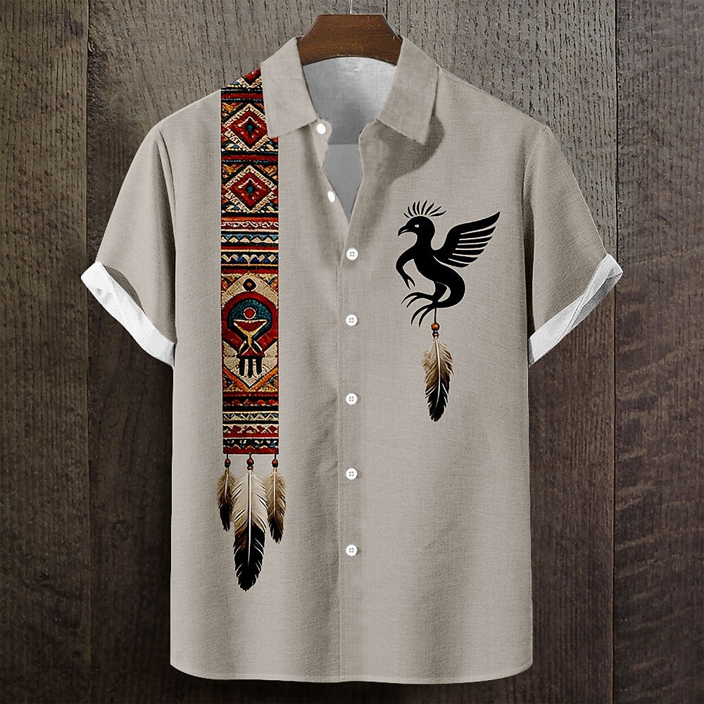 Men's Geometric Indian Culture Native American Feather Shirt Button Up Shirt Short Sleeve Vintage Retro Daily Outdoor Vacation Summer Spring Turndown 3D Print Linen Like Shirt Blue Green Khaki Gray 2026 - $25.99 –P2