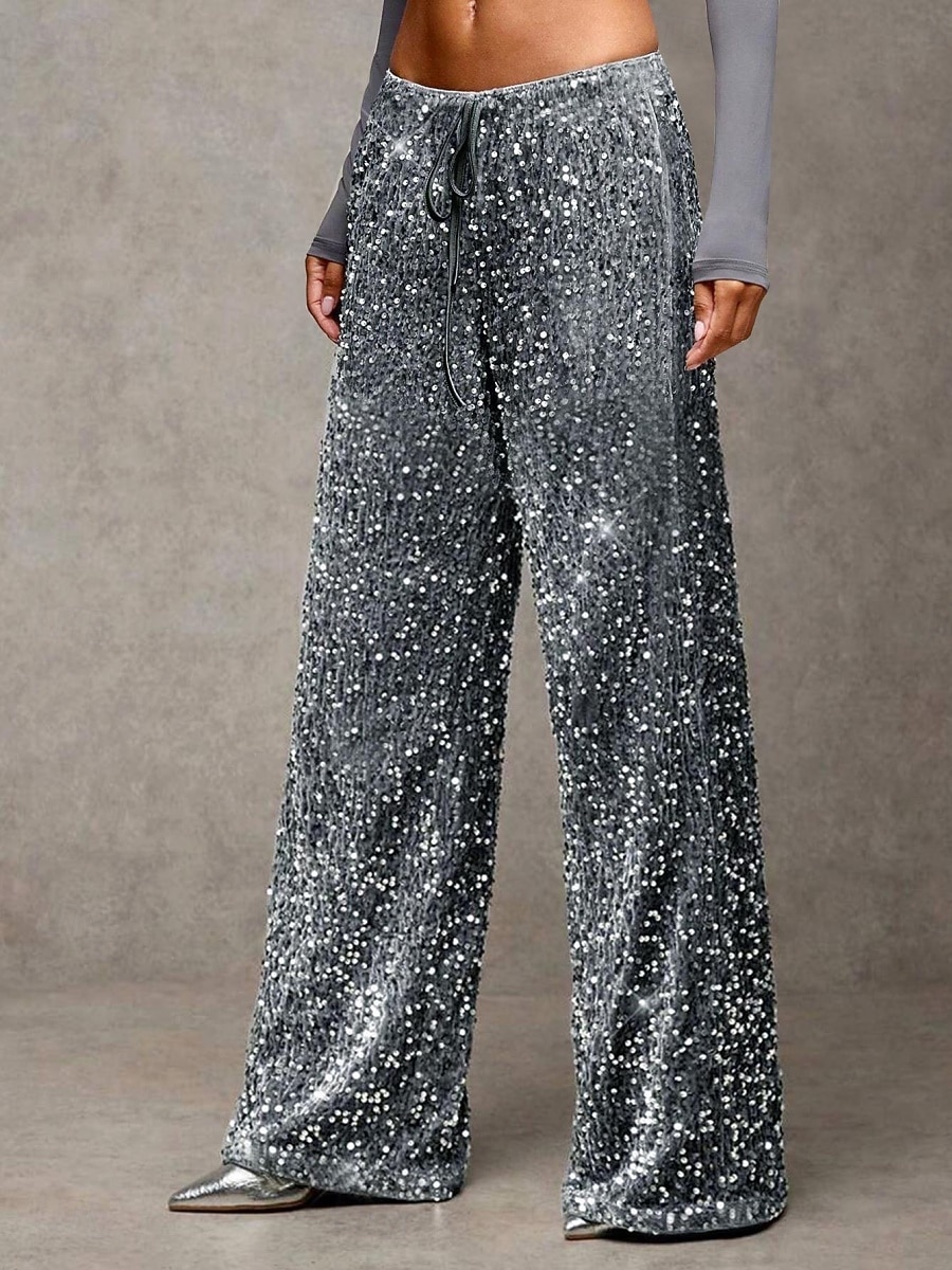 Mulheres Calças Calça casual Reto Moda Roupa de rua Básico Comprimento total Cintura Alta Tecido Paetês Bolsos Cintura elástica Confortável Micro-Elástica Diário Férias Festa Preto Azul Marinha Azul de 2026 por $44.99 –P4