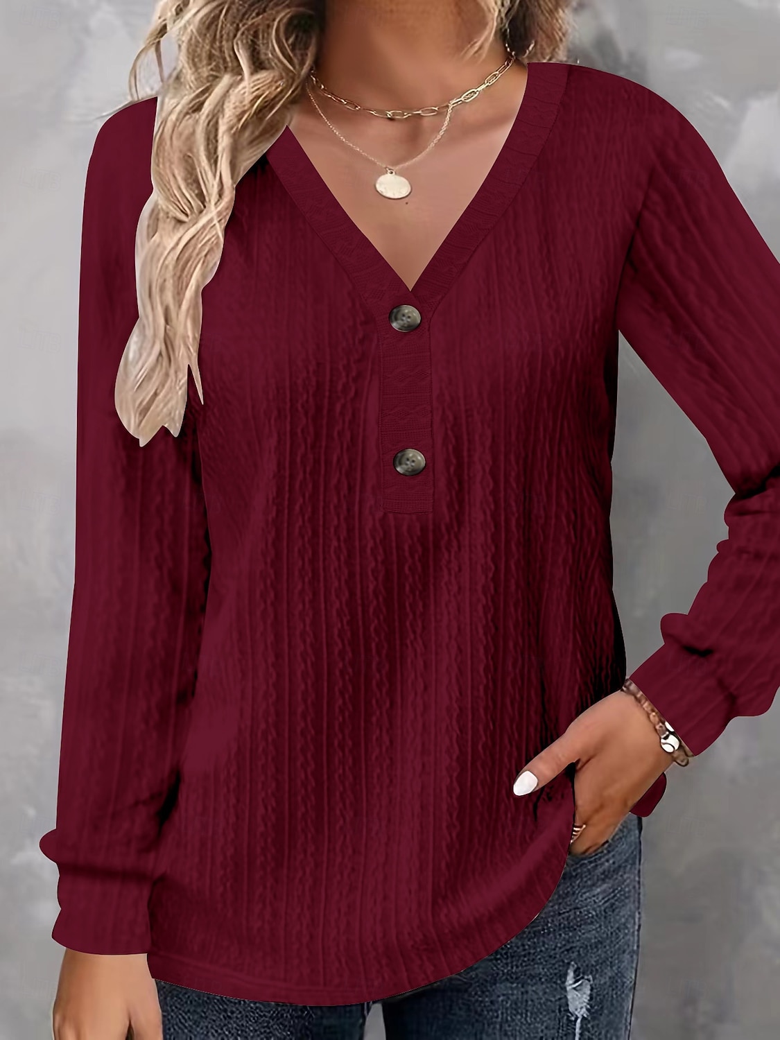 Women's Tunic Popover Shirt Casual Shirt Blouse Buttons Solid Color Vacation Vintage Stylish Long Sleeve V Neck Regular Tops Daily Outdoor Holiday Blue Black White Red Purple Spring Fall 2026 - $27.99 –P4