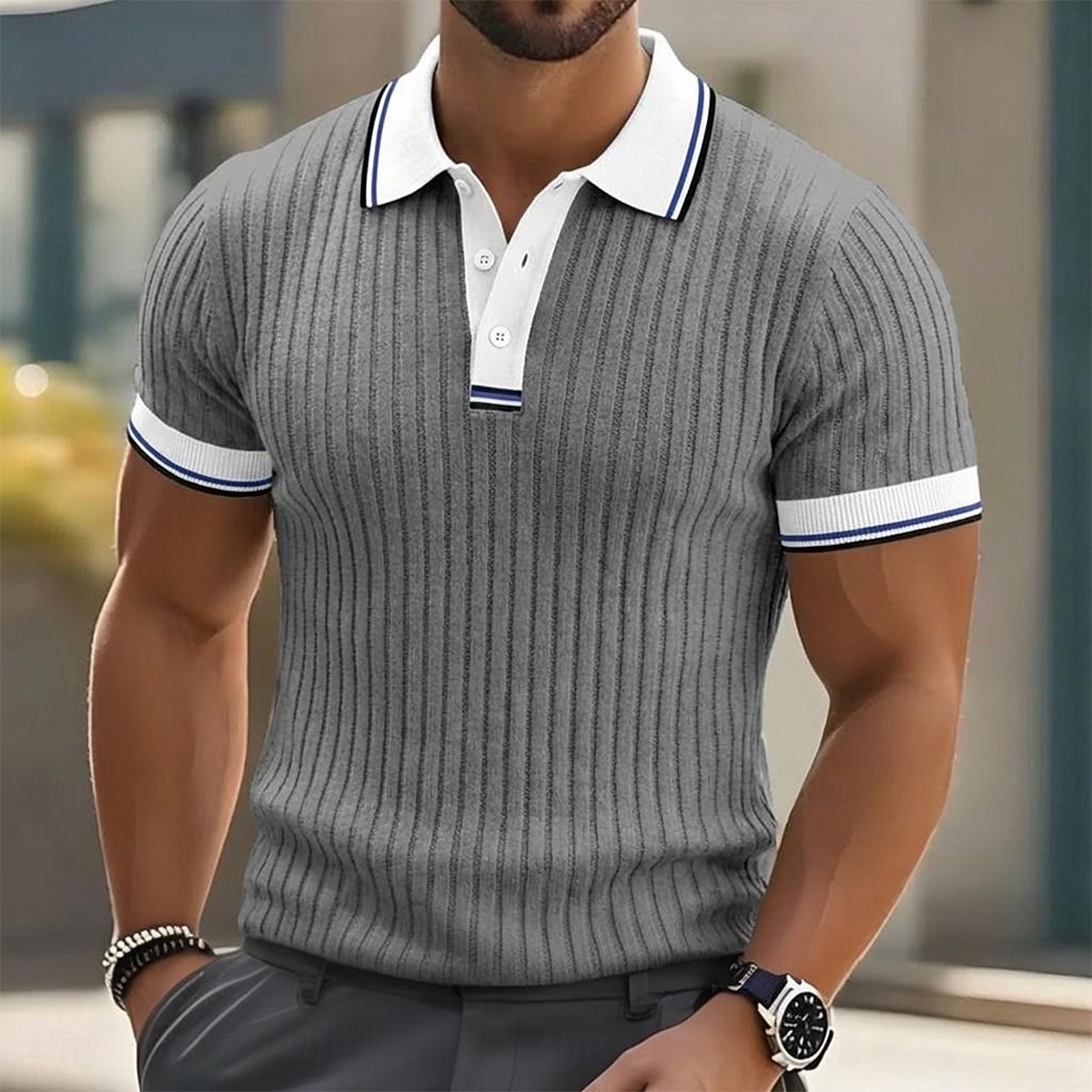 Per uomo Testurizzato Maglia da golf Casuale Lavoro Bavero Colletto Polo a Coste Manica Corta Essenziale Moderno Blocco di colori Patchwork Bottoni Primavera & Estate Vestibilità aderente Blu Bianco del 2026 a $24.99 –P6