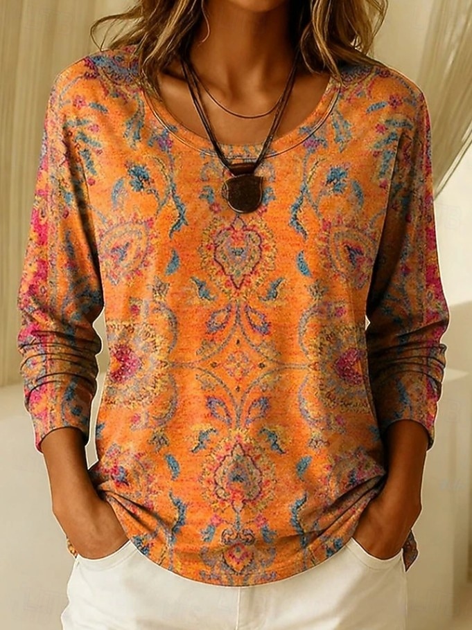 Damen T Shirt Druck Grafik Paisley-Muster Elegant Mode Lässig Langarm Rundhalsausschnitt Lange Oberteile Täglich Wochenende Orange Sommer Frühling 2026 - $24.99 –P1