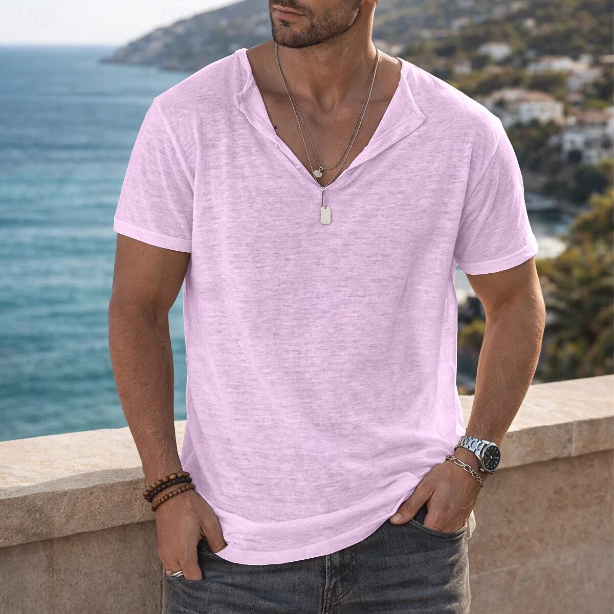 Men's Tee Top Linen T-Shirt Short Sleeve Short Sleeves Henley Collar Summer Plain Fashion Designer Basic Soft Casual Vacation Street Light Blue Top Tee for Men 2026 - $20.99 –P9