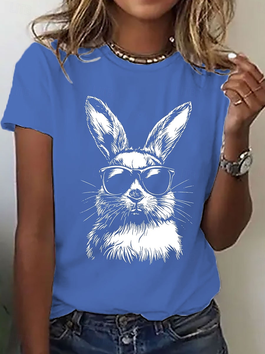 Pâques Femmes T-shirt Imprimé Graphique Animal Élégant Classique Occasionnel Manche Courte Col rond Hauts Réguliers Quotidien Bleu Noir Blanche Violet Été Printemps de 2026 ? $22.99 –P4
