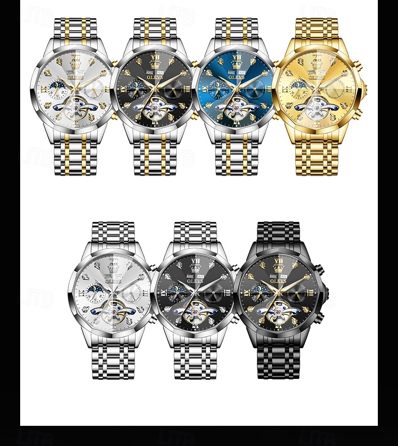 Ανδρικό ρολόι Olevs 6621, αυτόματο μηχανικό επαγγελματικό ρολόι, αδιάβροχο, φωτεινό, αέναο ημερολόγιο, φάση σελήνης, ρολόγια από ανοξείδωτο ατσάλι 2026 - $104.99 –P6